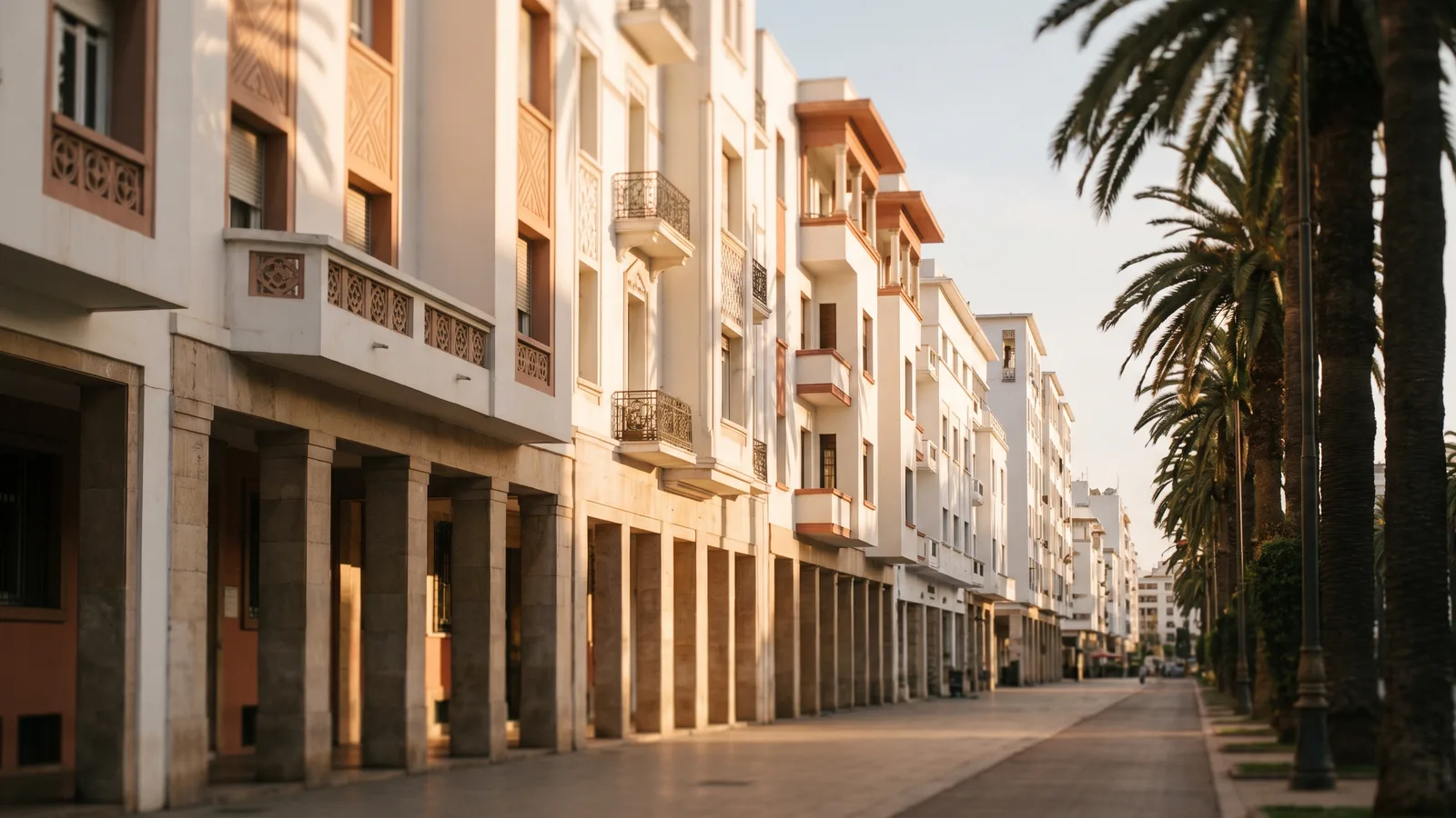 Façades Art déco blanches d’un boulevard bordé de palmiers à Casablanca, lumière de fin d’après-midi