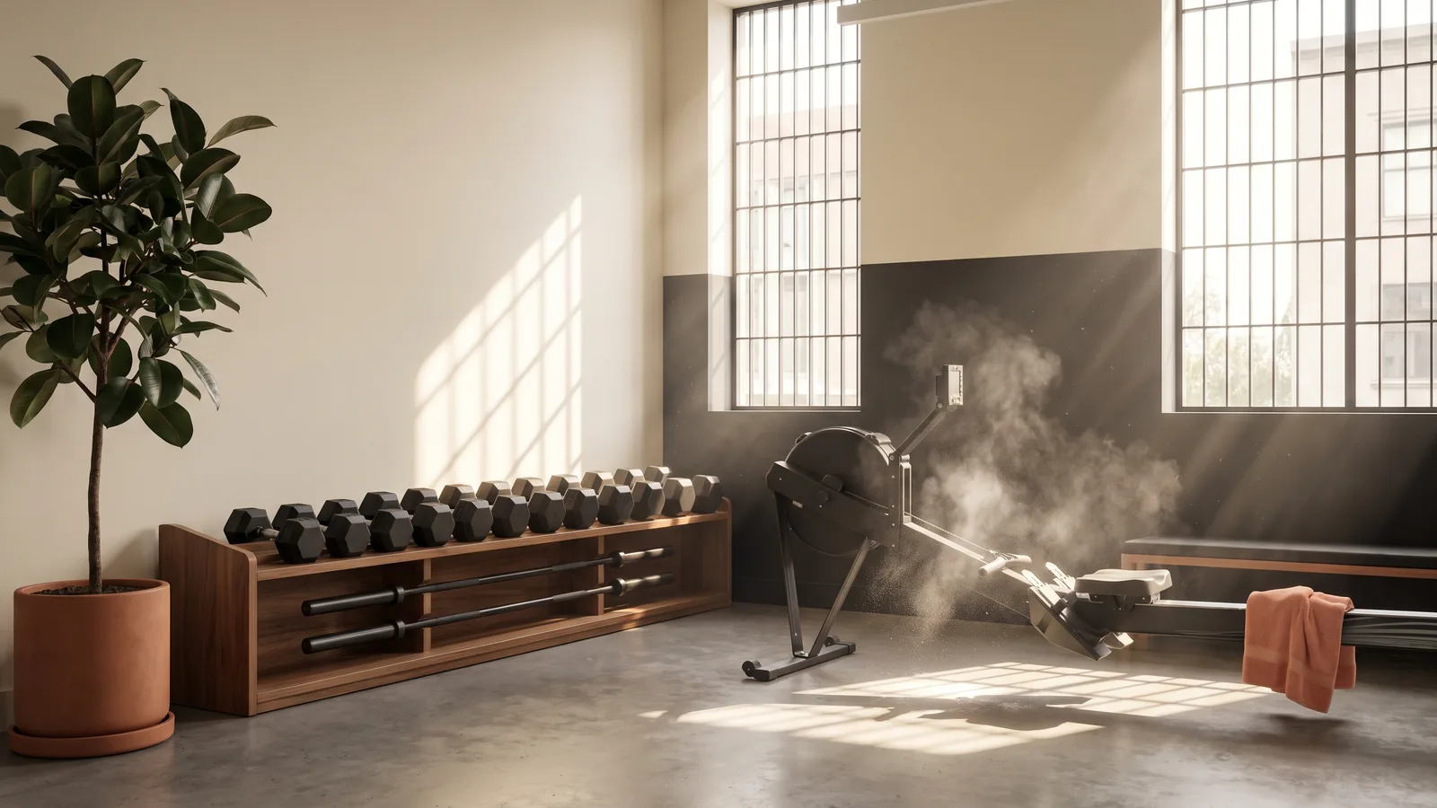 Intérieur de salle de sport lumineuse au petit matin : haltères sur un rail de bois, sol en béton ciré