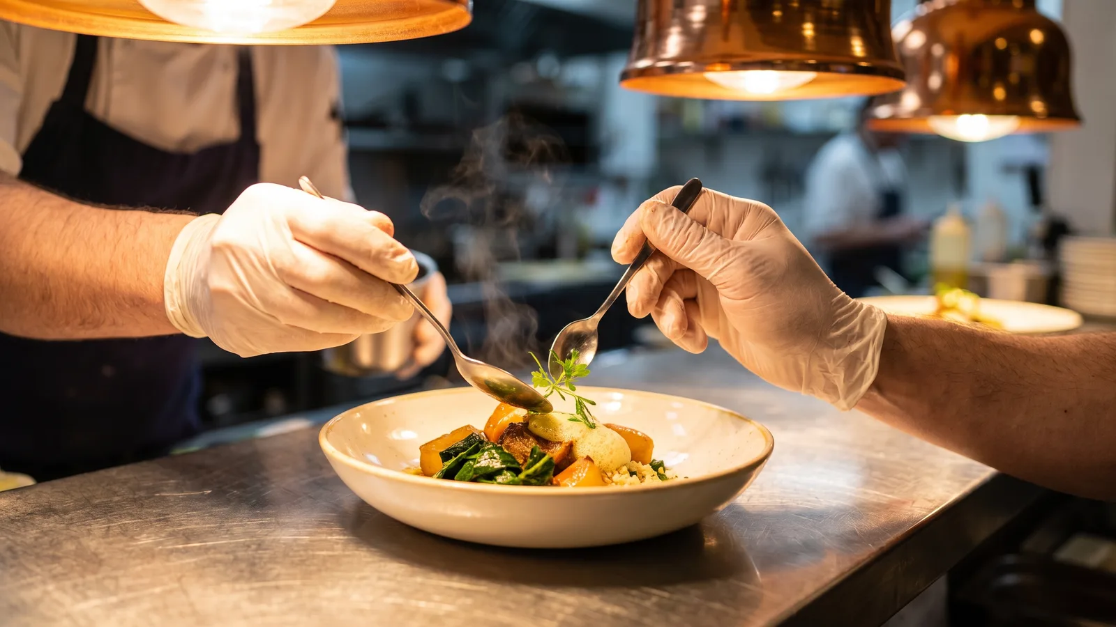 Mains d’un chef dressant une assiette marocaine moderne au passe d’une cuisine de restaurant