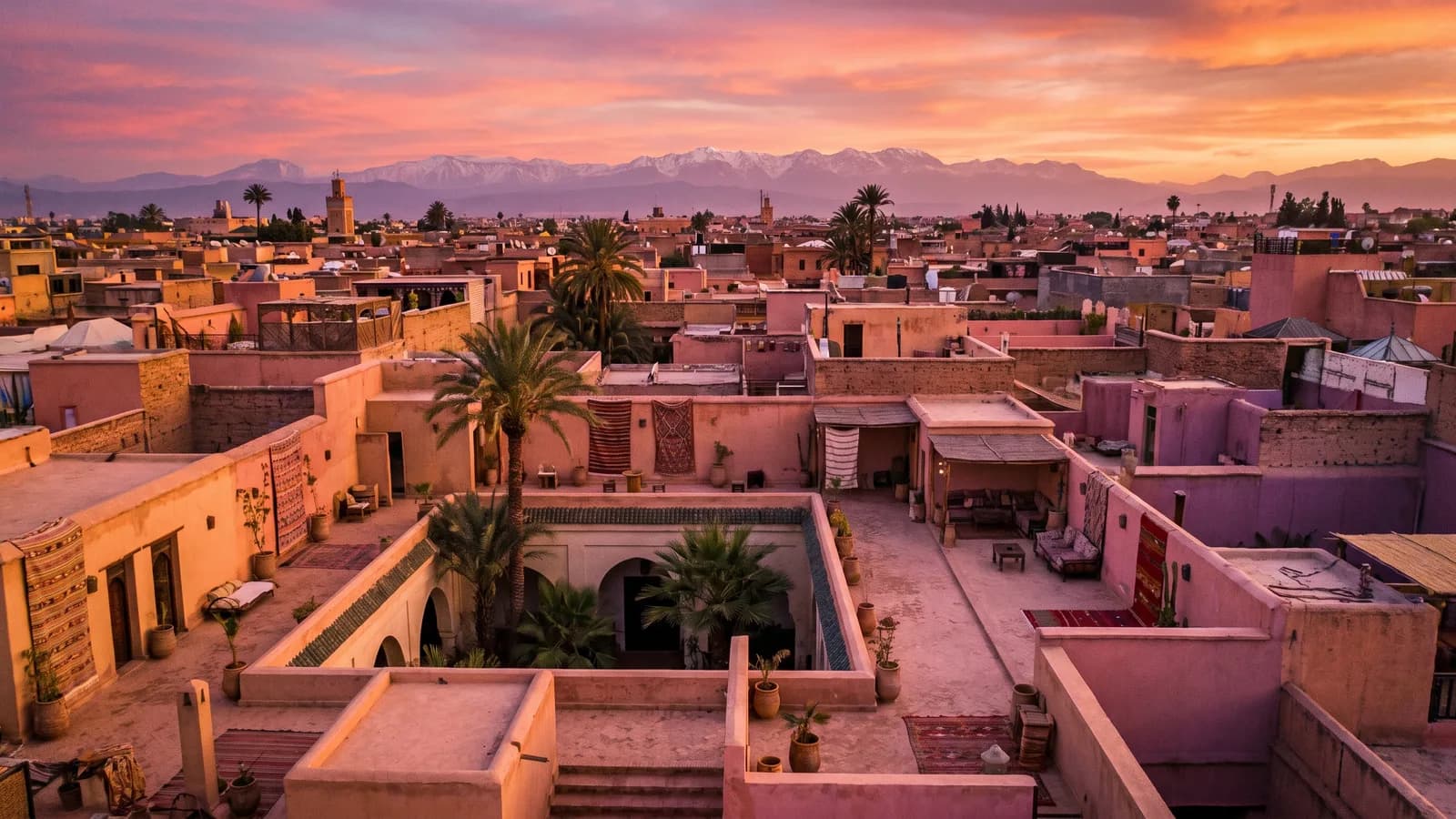 Toits ocre de la médina de Marrakech au coucher du soleil, l’Atlas enneigé à l’horizon