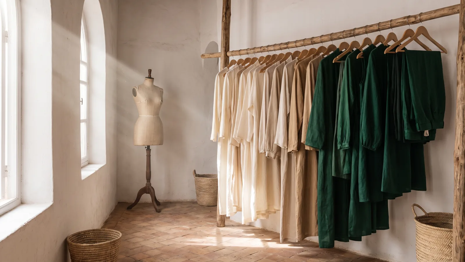 Atelier de couture marocain ensoleillé : portant de vêtements en lin et soie, mannequin de tailleur