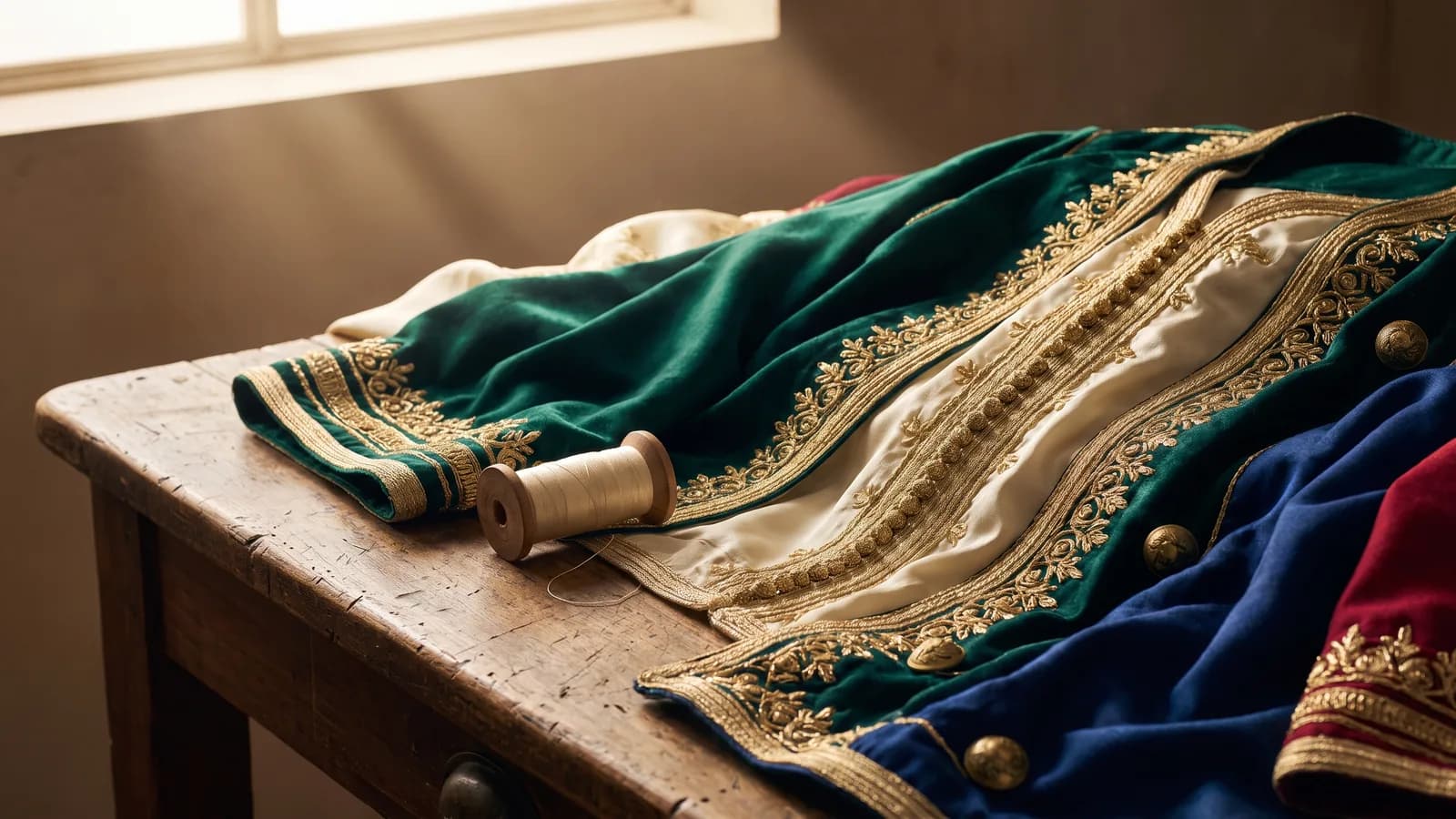 Tissu de caftan marocain brodé de fil d’or, drapé sur une table de tailleur en bois