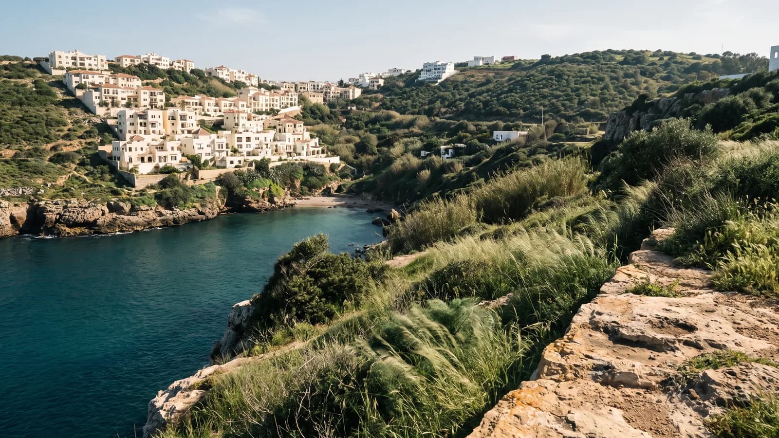 Falaises et mer turquoise près de Tanger, maisons blanches descendant vers une baie
