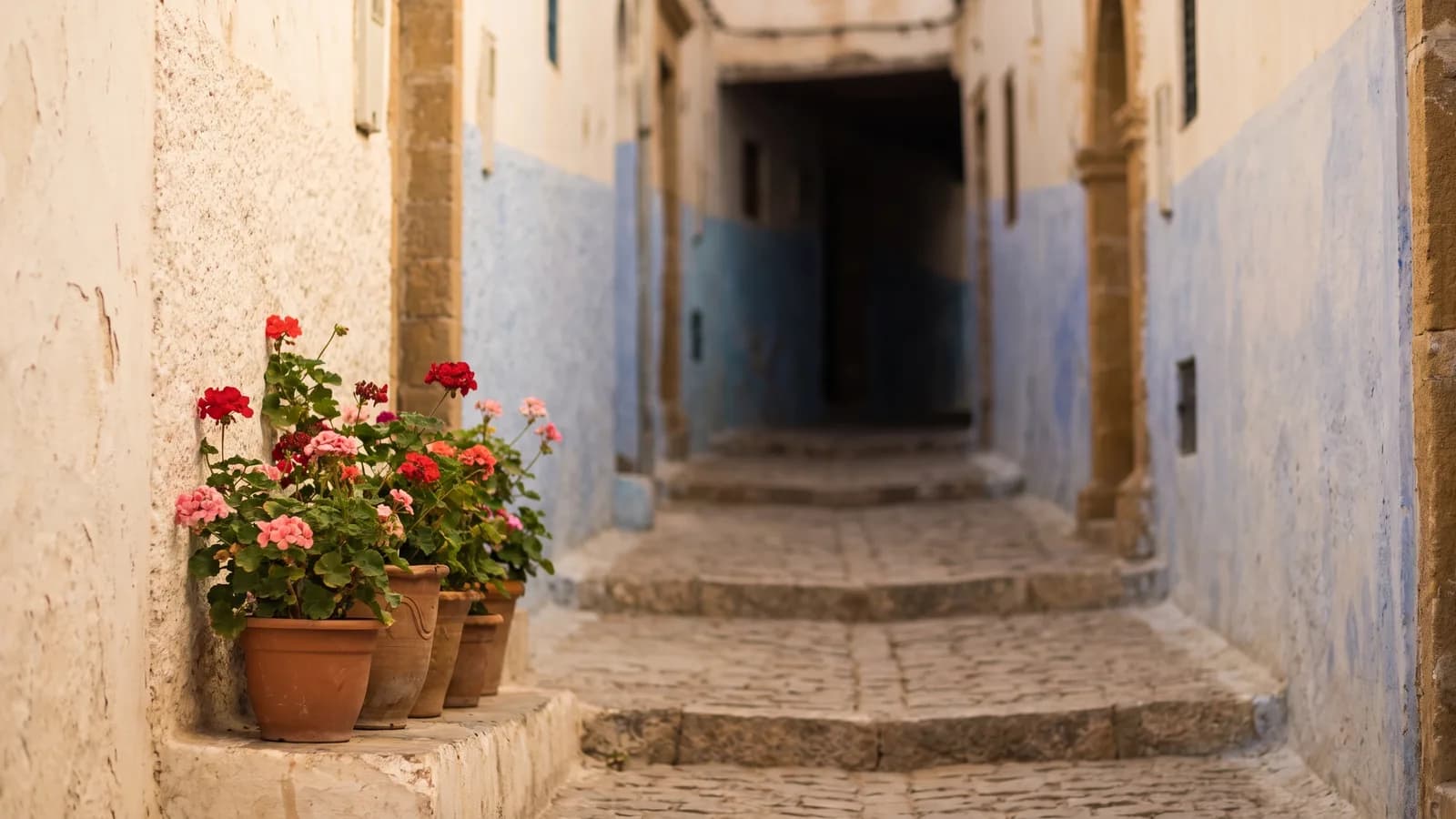 Ruelle en escalier bleue et blanche de la Kasbah des Oudayas à Rabat, au petit matin