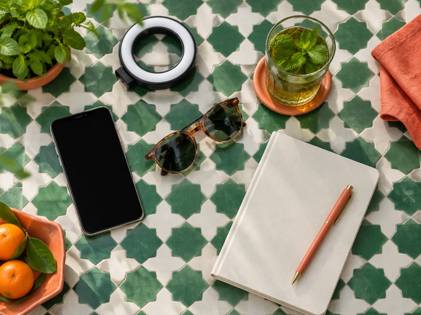 Smartphone, ring light, carnet et thé à la menthe sur une table en zellige